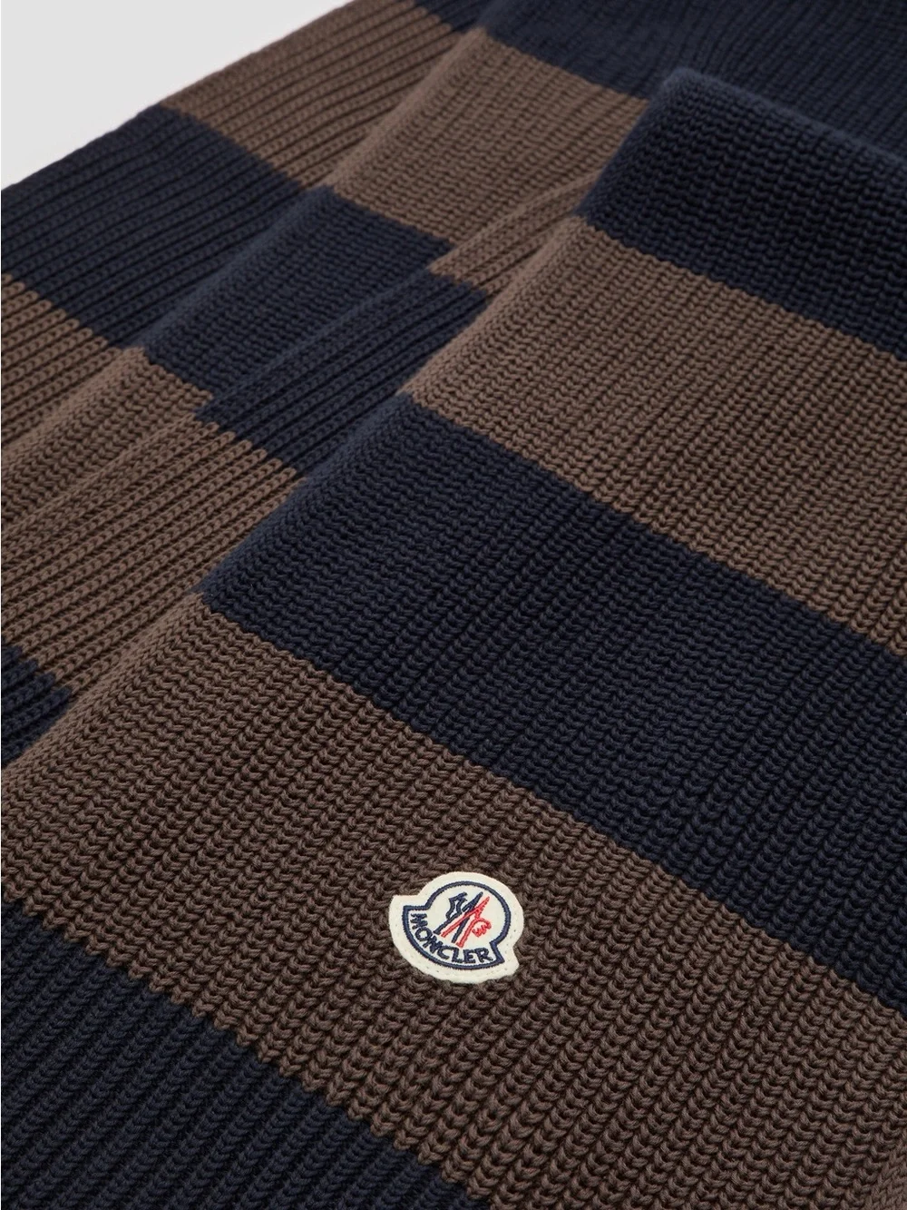 Moncler Navy Brown Striped Knit Scarf Logo Patch